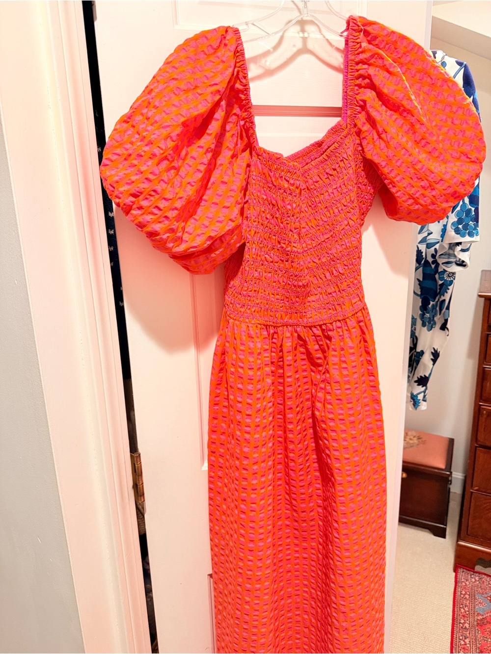 Never Fully Dressed Bright Orange & Pink Puff-Sleeve smocked Maxi Dress